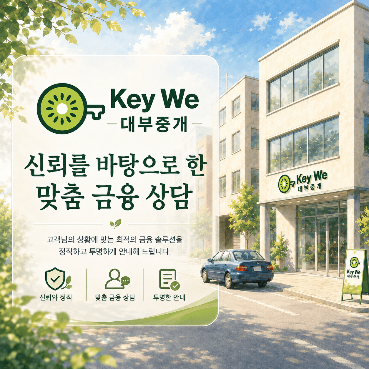 Key We 대부중개 로고와 도심 빌딩가에 위치한 사무실 전경 일러스트