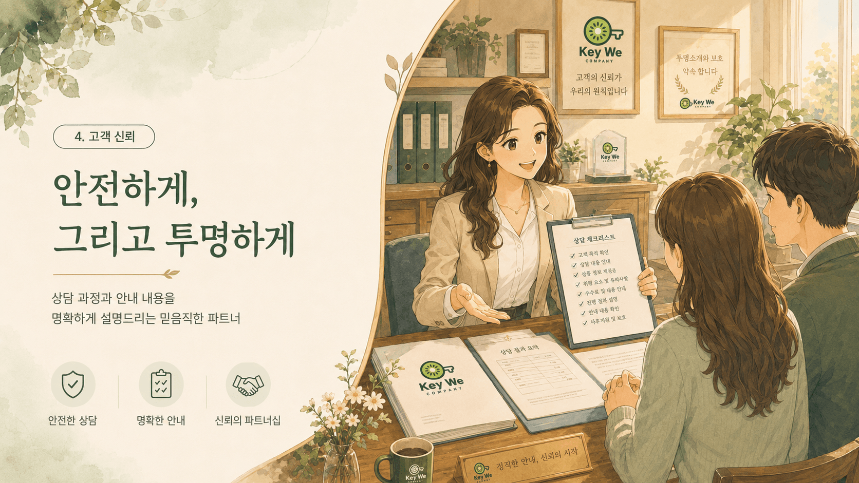 상담사가 체크리스트를 짚어가며 고객에게 상담 절차를 안내하는 모습